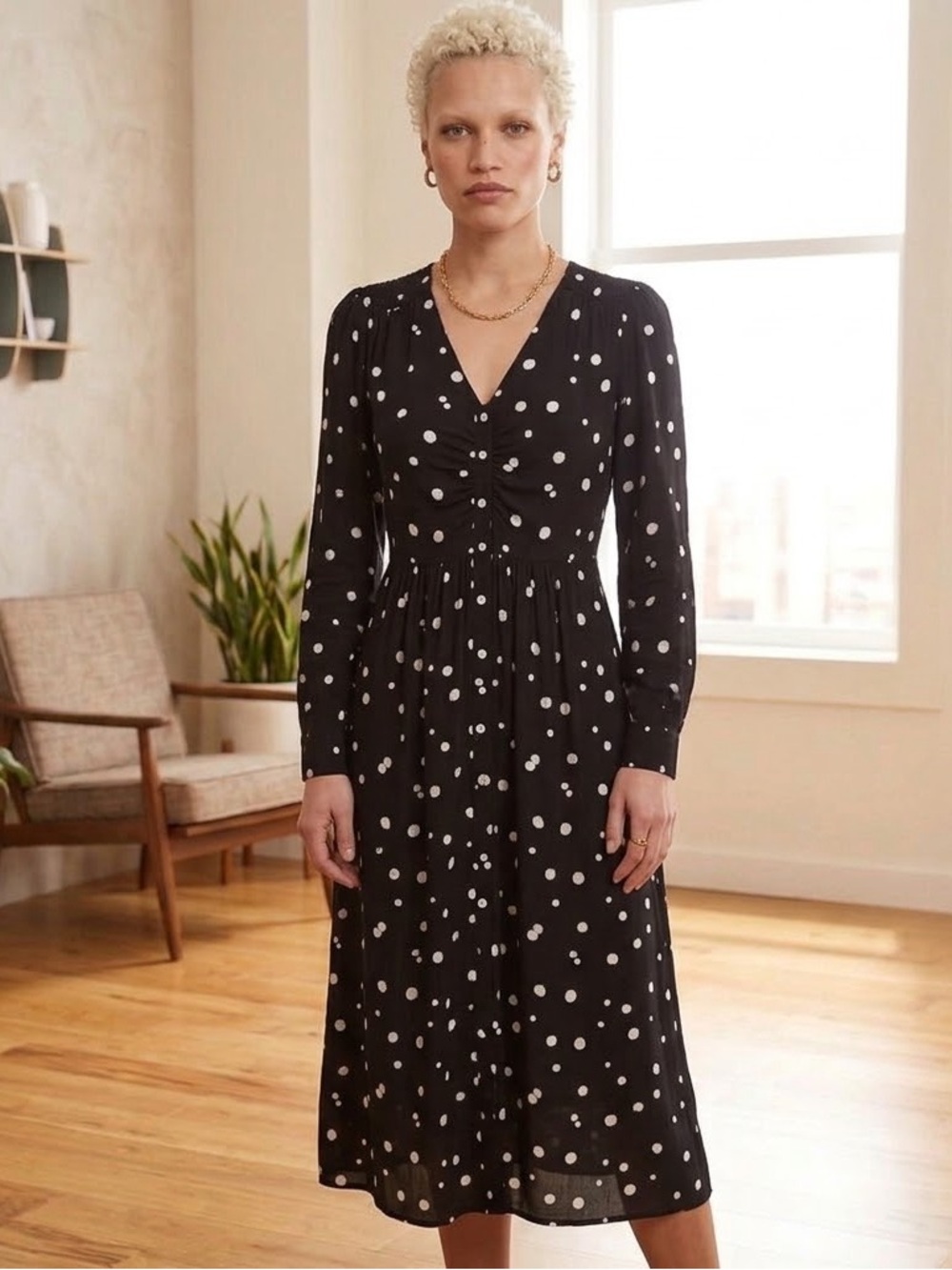 LOFT Black and White Long Sleeve Empire Waist Dress